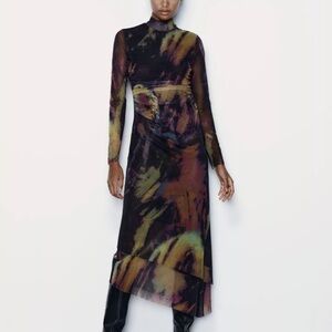 NEW ZARA PRINTED TULLE DRESS KHAKI SIZE S BNWT 5039/420
